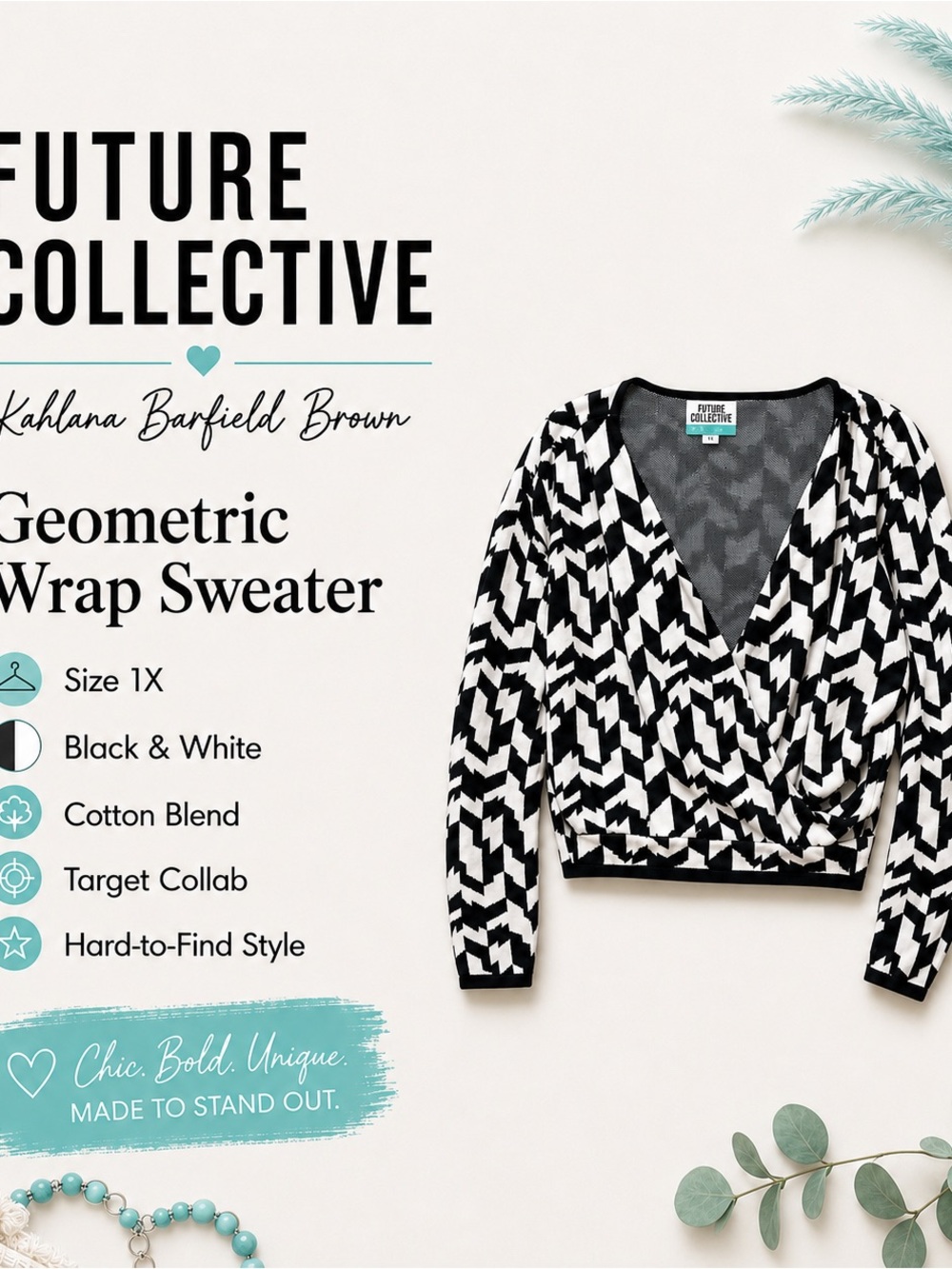 Black & White Long Sleeve Knit Geometric V-Neck Wrap Sweater. Future Collective